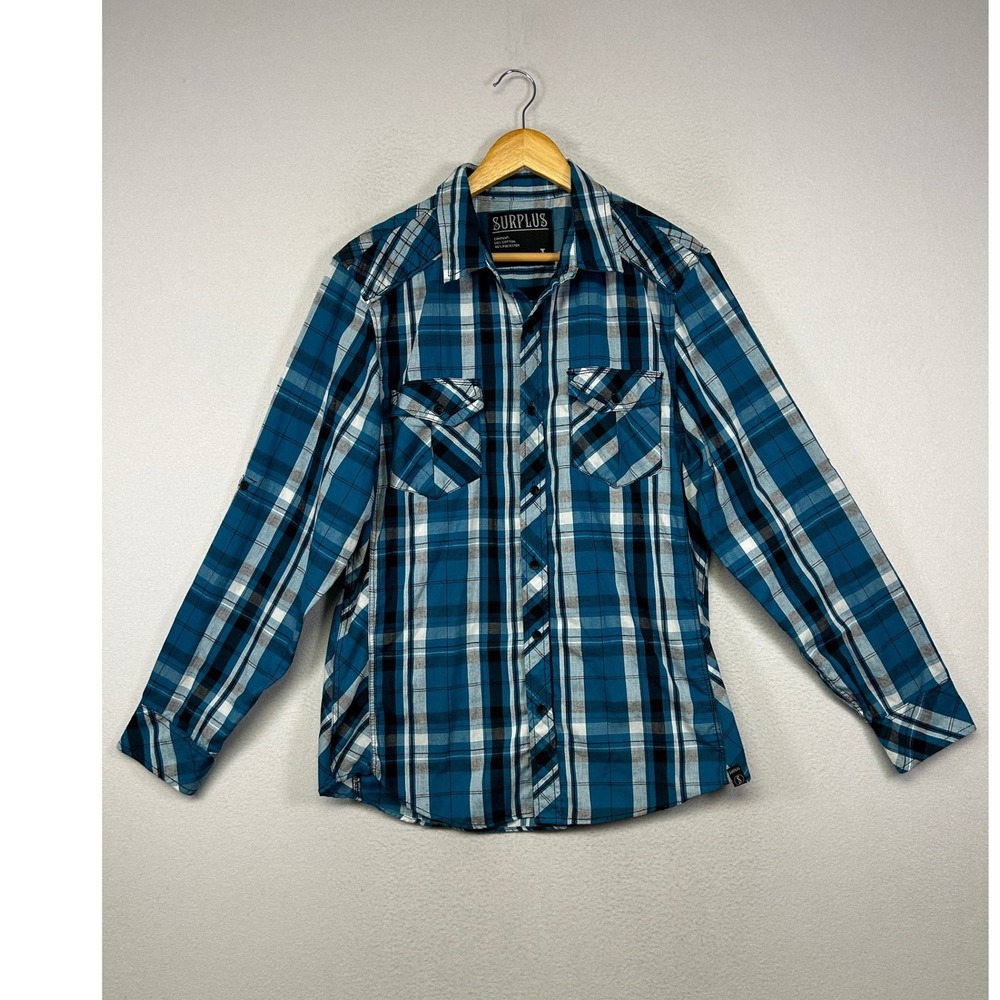 Western Surplus Mens Large Blue Plaid Long Sleeve Button Down Pocket Shirt